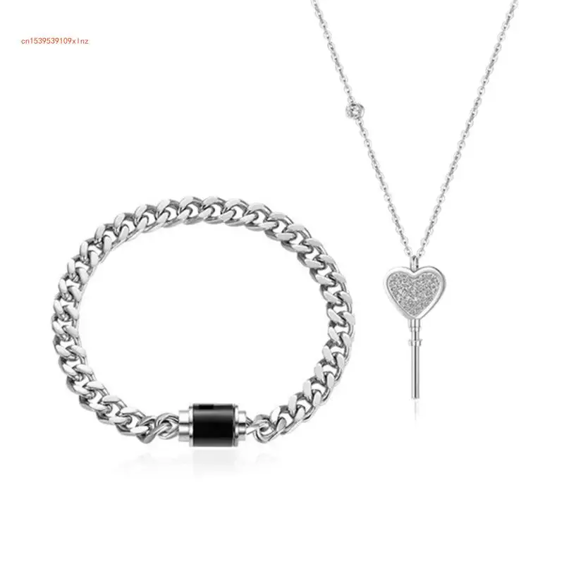 

2pcs Couple Lock Charm Bracelet Metal Chain Bangle Heart Key Pendant Necklace