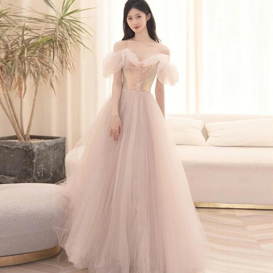 

Off Shoulder Seuqins Sparkly Light Pink Evening Dresses A-line Floor Length Tulle Dress Layered Woman Clothes Ever Pretty