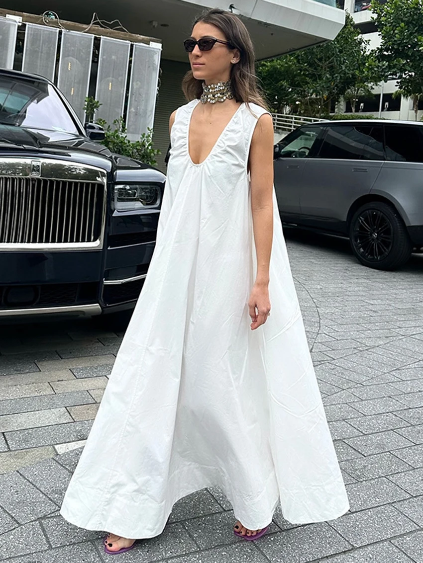 Parc Fee – robe blanche ample et Sexy pour femmes, col en v, sans manches, longueur cheville, élégante, classique, couleur unie, été, 2025