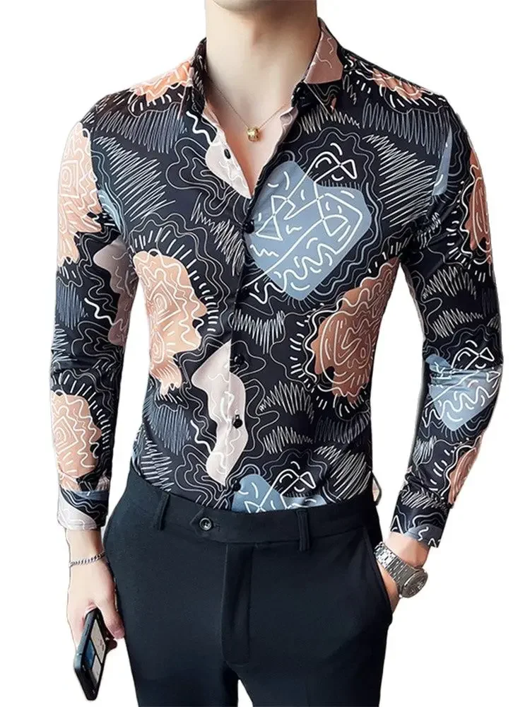 

Men's Spring and Autumn New Slim Business Casual Abstract Print Long Sleeve Lapel Stretch Shirts Thin Versatile Shirts for Men