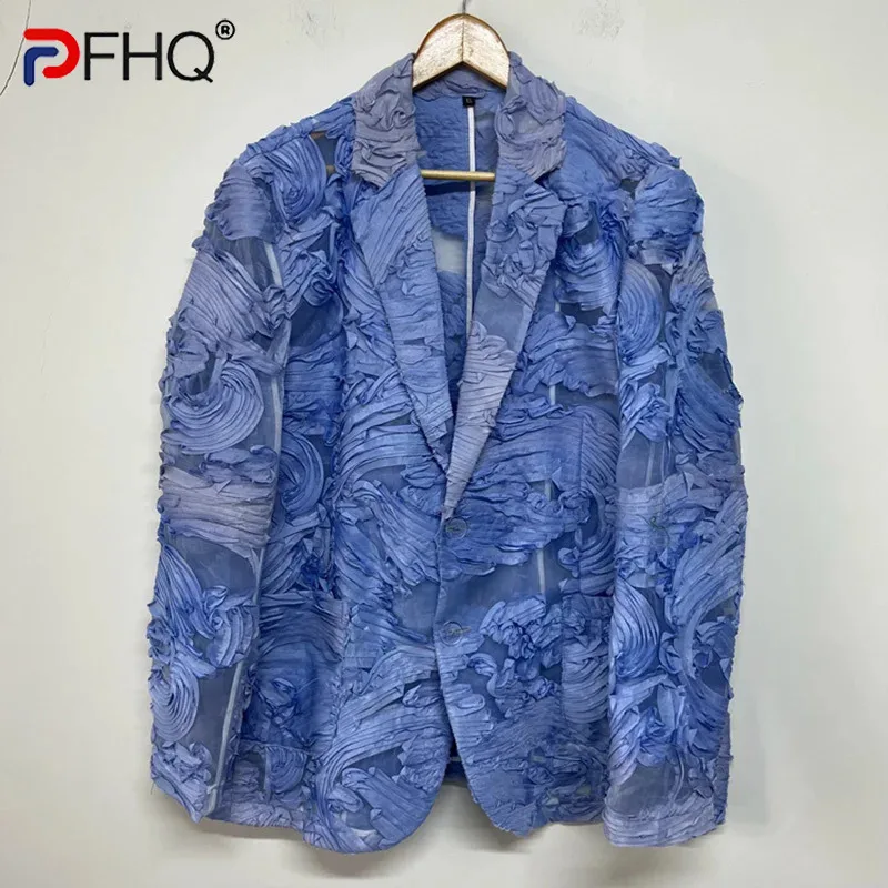 PFHQ Three-dimensional Floral Plate Male Clothing Fashion Light Luxury Single Breasted Perspective Suit Jackets Summer 21Z4410