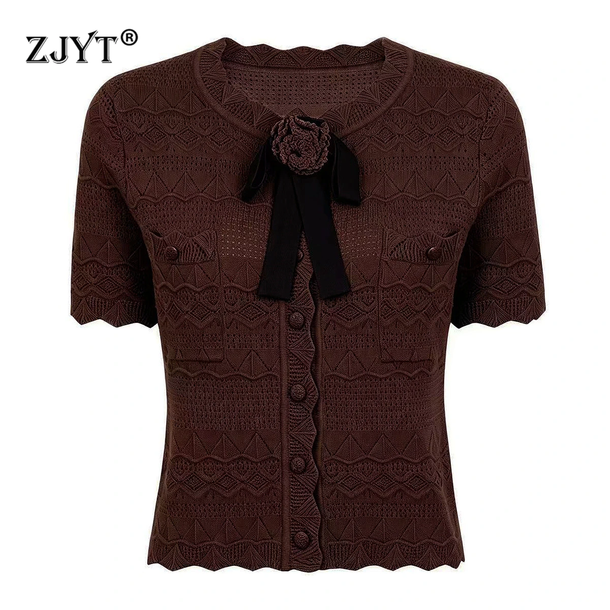 ZJYT New Summer Knitted Cardigans Sweater for Women 2026 Fashion Short Sleeve 3D Floral Bow Knit Tops Female Jumper Mujer White