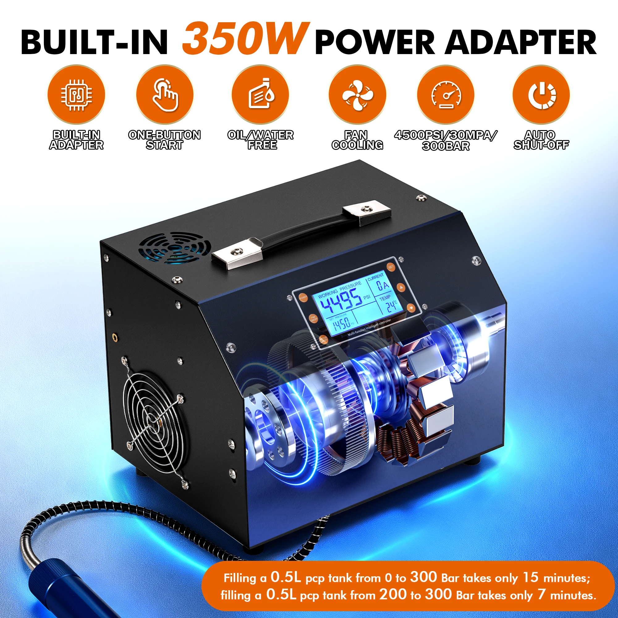 High Efficiency Small Size 30mpa/12V/300bar/4500psi Auto Stop Pump Oill-free  LCD Air Compressor For Diving Bottle