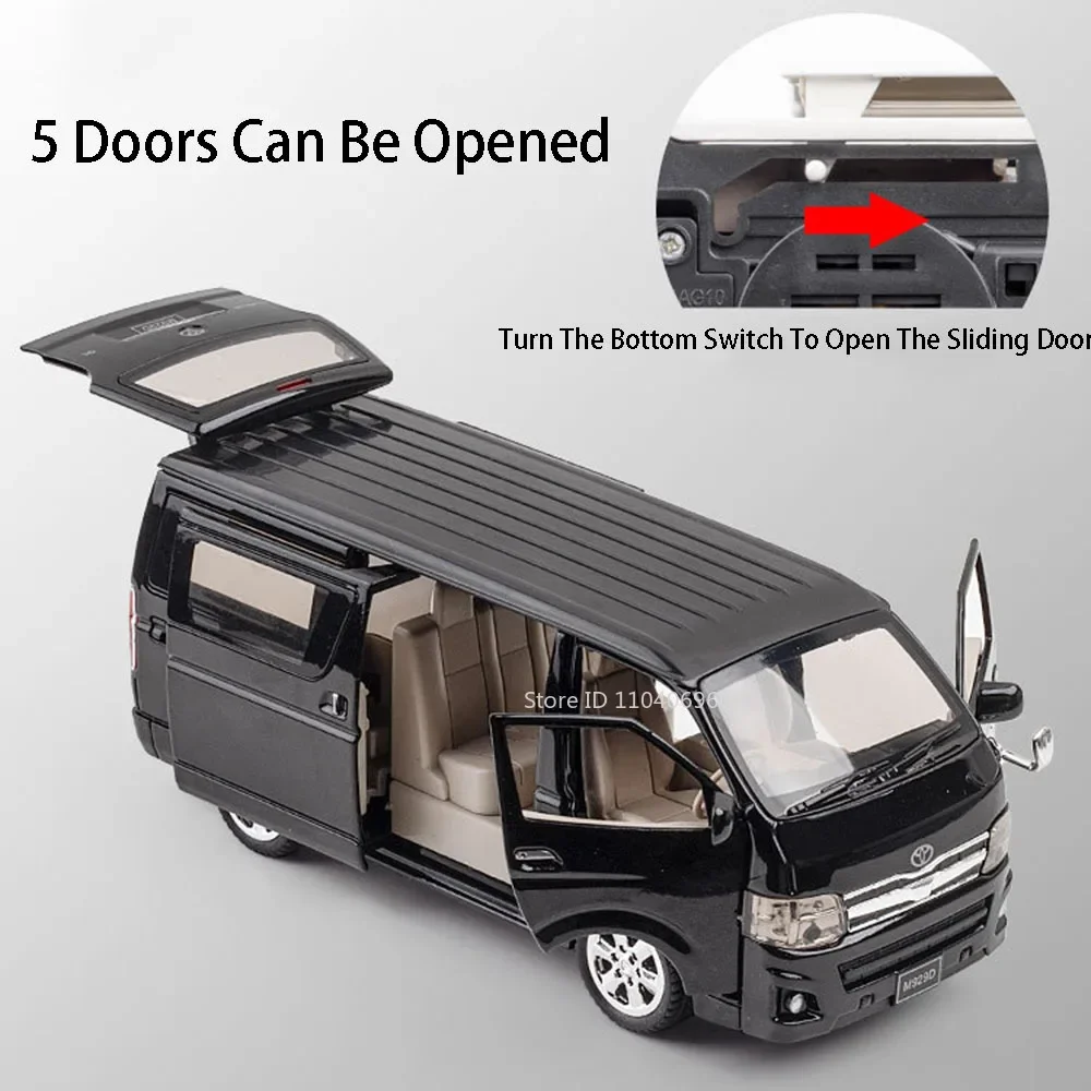 Modelli di auto giocattolo HIACE in scala 1:32 Porte MPV pressofuse in lega aperte Tirare indietro Suono Luce Veicolo da viaggio d'affari Regali per ragazzi