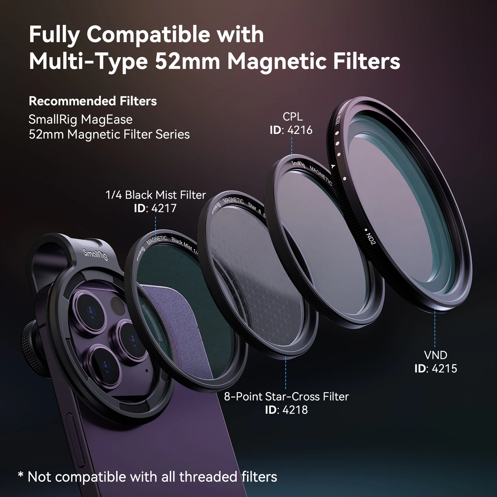 SmallRig Universal 52mm Attachable Filter Adapter Ring for Common Phone Universal Filter Adapter Ring Easy Install and Removal