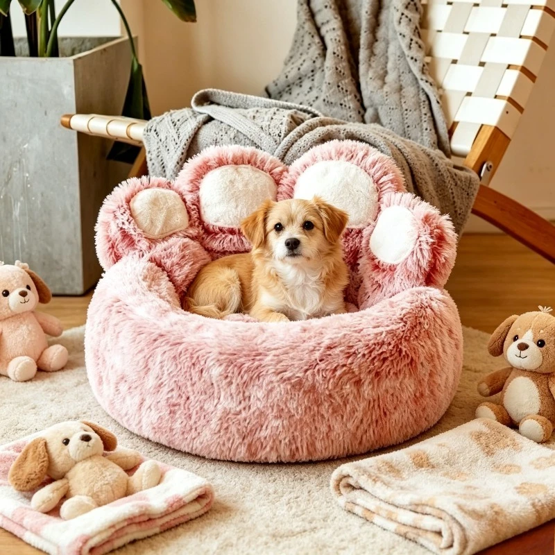 

Bear Paw Pet Bed Warm Plush Calming Donut Bed for Medium Dogs Cats, Anti-Anxiety Puppy Cat Cushion Mat Winter Soft Round Bed