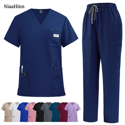 Imagen 1 del producto Uniforme médico para hombre, ropa de trabajo, ropa de trabajo de laboratorio, uniformes para servicio de salud, uniformes para enfermería, manga corta, cuello en V, Tops + traje de pantalones