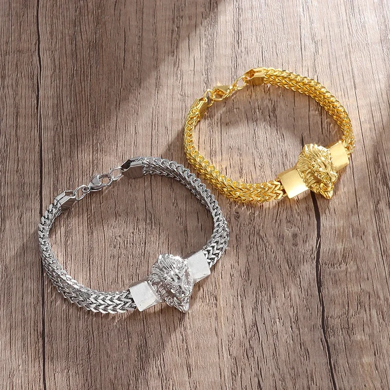 Pulsera de cabeza de león con personalidad dominante para hombres y mujeres, brazalete de acero inoxidable, cadena Punk, Hip-Hop, accesorios para montar en roca