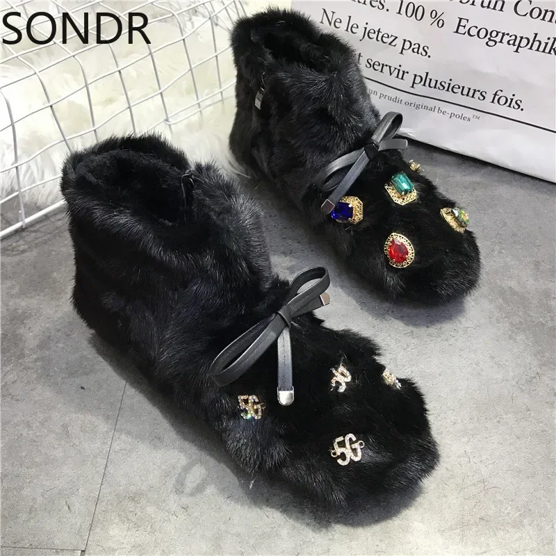 Womens Round Toe Rainbow Diamond Real Mink Fur Ankle Boots Snow Warm Winter Shoes Thick Furry Black Luxury New 2024