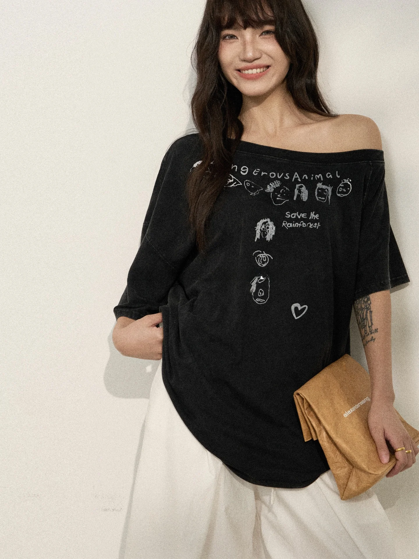 

Washed Vintage Shoulder Bared T Shirt Women Summer Loose Fit Printed Casual Cotton Top Korean Style Commute Fashion