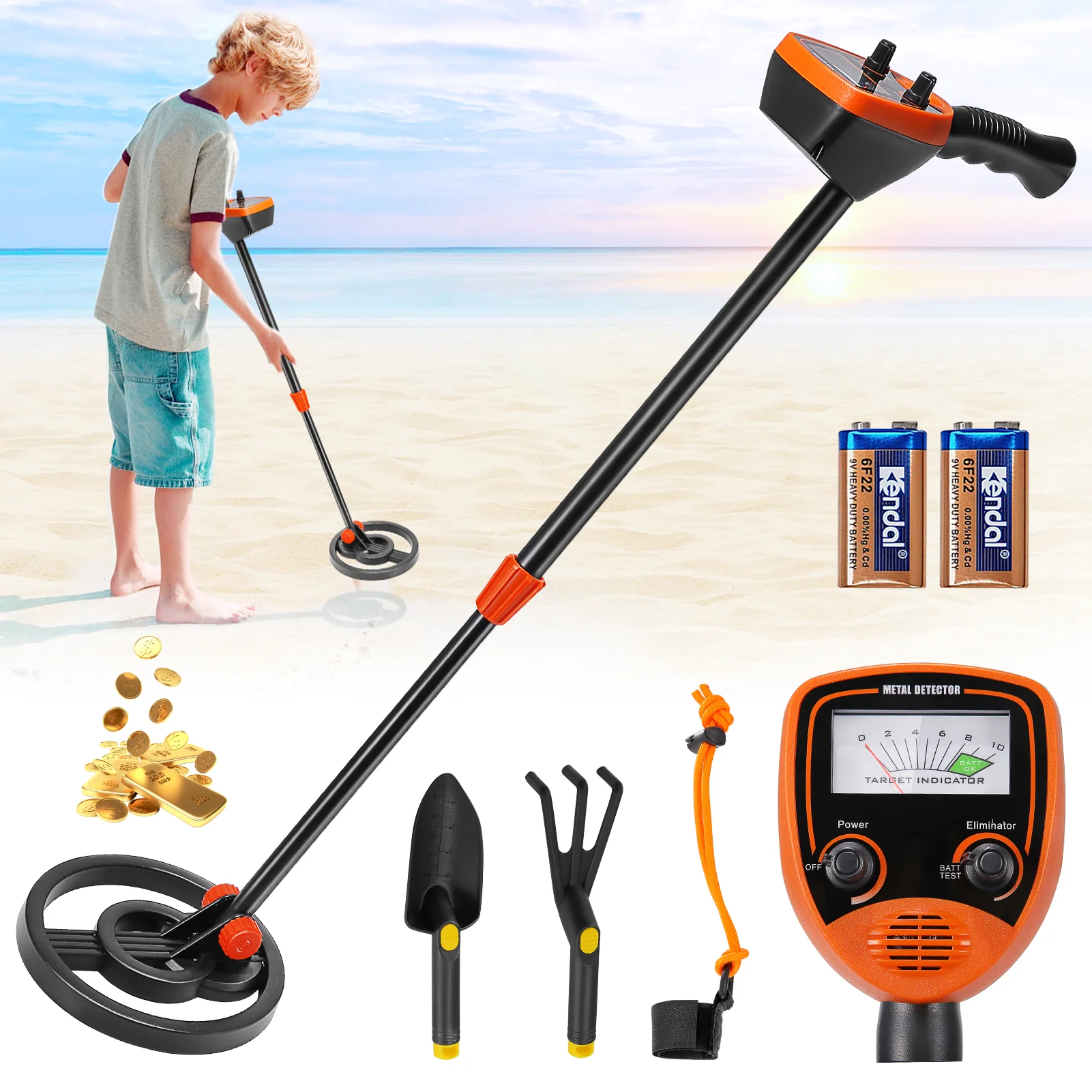 Children's metal detector, adjustable height with dual-mode waterproof search coil, high-precision metal detector