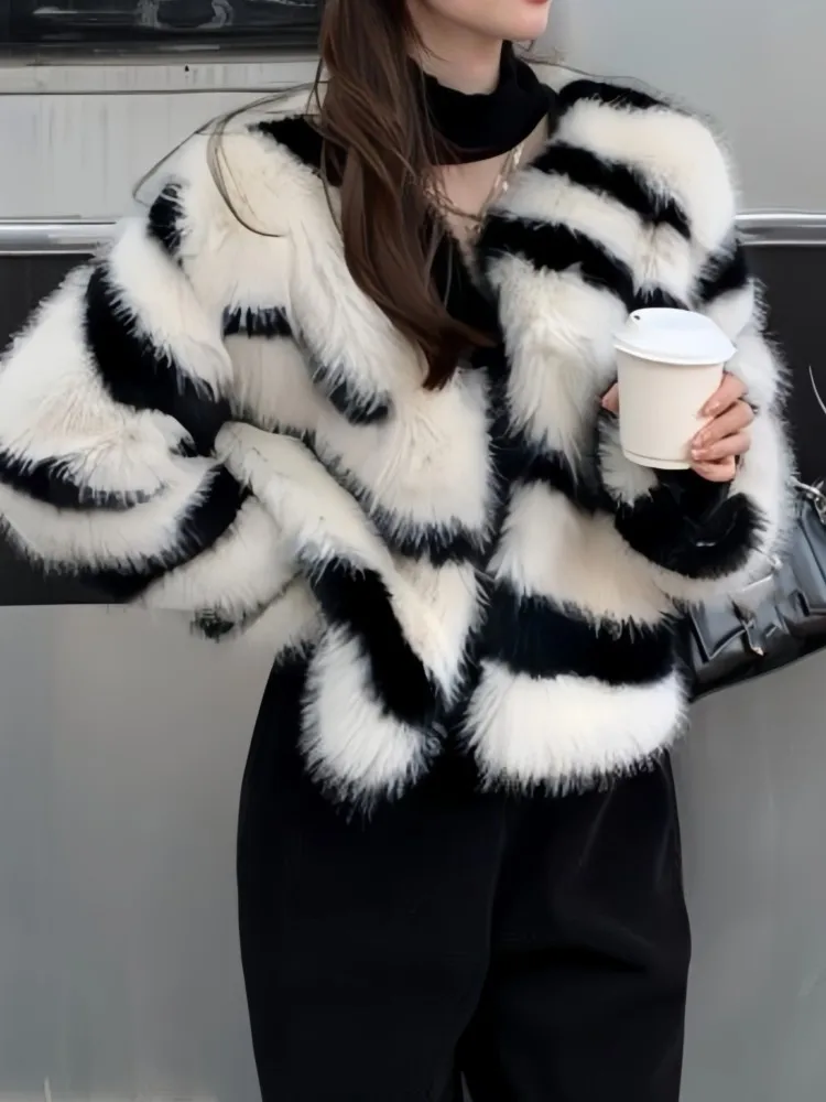 خريف شتاء المرأة قصيرة فو الفراء معاطف موضة أنيقة طويلة الأكمام عادية الحيوان طباعة زيبرا معاطف الإناث خمر عيد الميلاد جديد