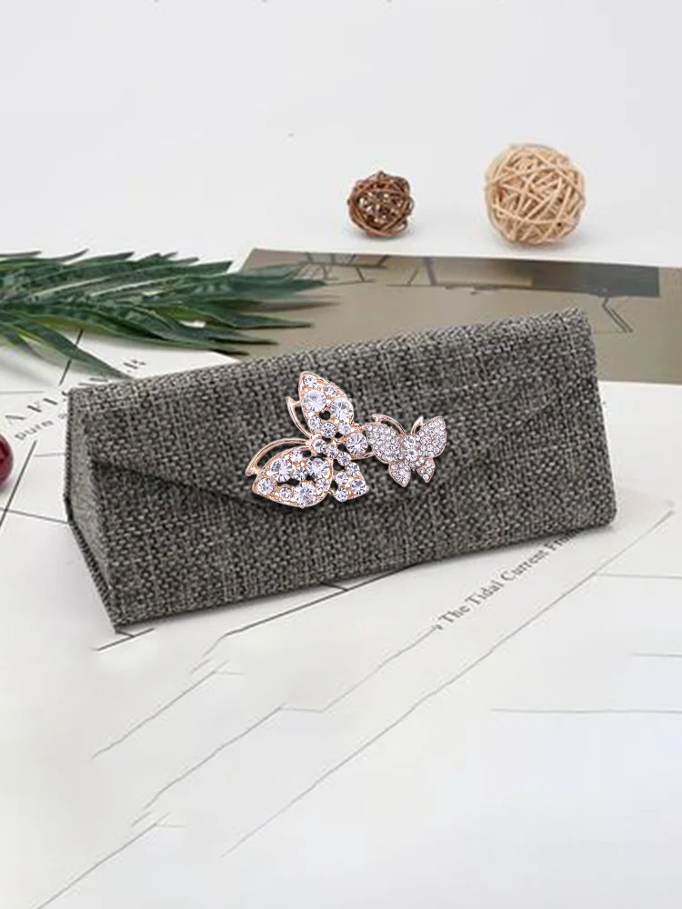 Women's Cotton Linen Eyewear Case: Triangular Detachable Vivid Designs Floral Decor with Gold Leaf