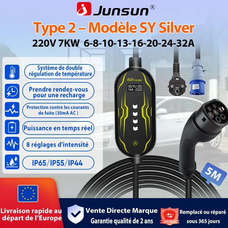 Junsun Wallbox 3.5kW 7kW Caricatore EV Tipo 2 6A‑32A IP65 App Mobile WiFi Bluetooth Monitoraggio in Tempo Reale Timer per Tesla Model 3 Y BYD VW ID4 Renault Nissan Kia Fiat 500e Jeep Alfa Romeo Tonale