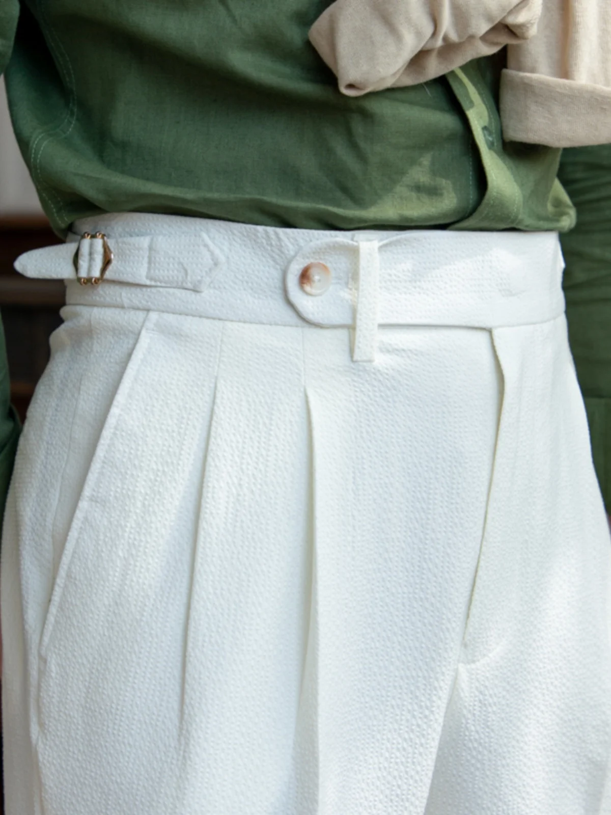 

Mr. Deer Tee Italian Sle Men's Summer Bubble Cloth Naples High Waist Straight Leg Pants Breathable Casual Trousers