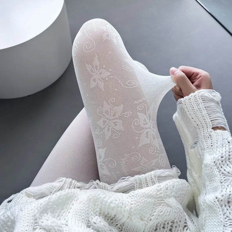 Personality Asymmetric Flower Jacquard Lolita Pantyhose White Fine Mesh Breathable Young Girl Fashion Tights