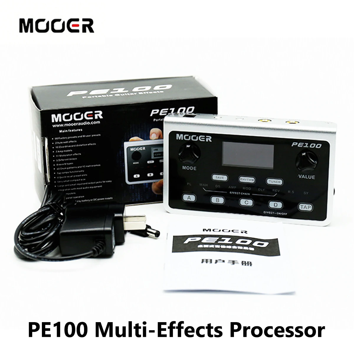 MOOER PE100 Mini Multi-Effects Processor – 7 Amp Models, 11 Modulation, 5 Delays, 4 Reverbs, 40 Drum Patterns, 230g