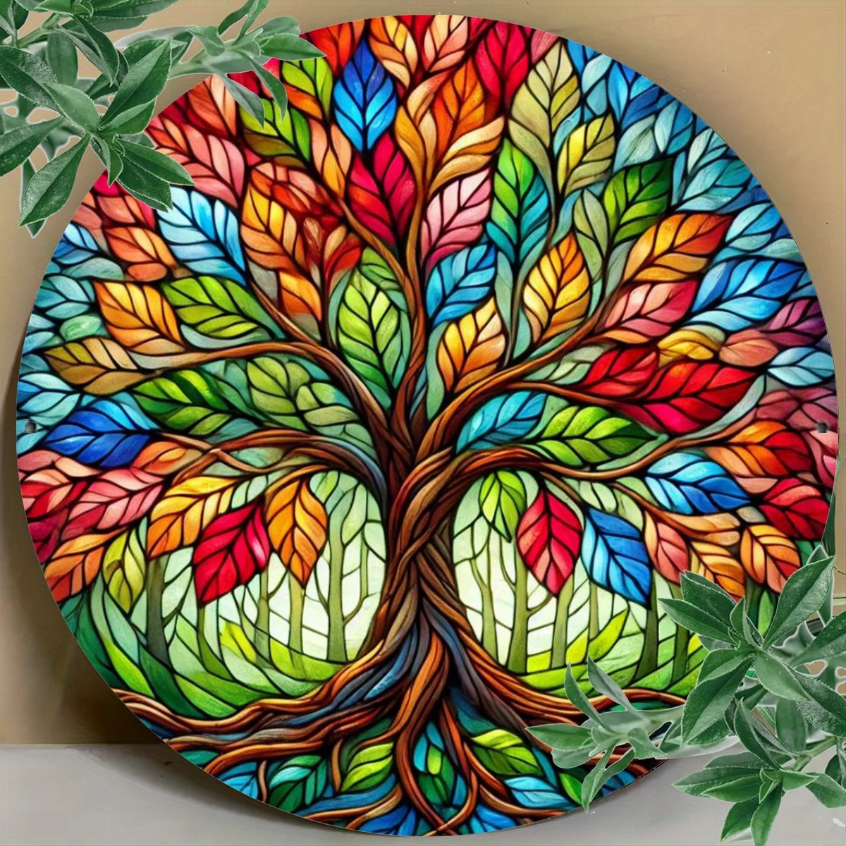 Tree of Life Vibrant Round Metal Sign Plaque 19.81cm - Multipurpose Iron Wall Hanging Decor for Front Door, Porch, Living Room,