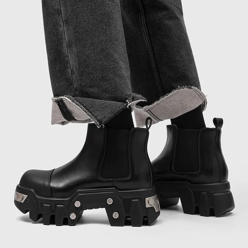 2026 Men's Foot Heightened Platform High-top Shoes Youth New Genuine Leather Chelsea Boots