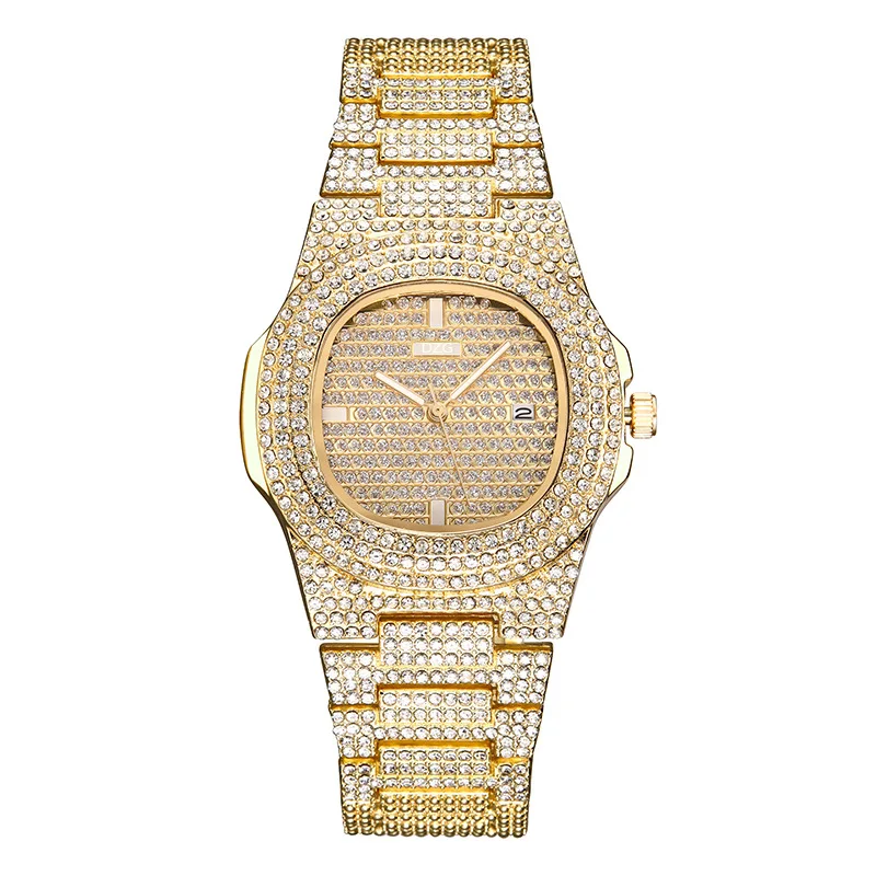 Iced Out Diamond Men\'s And Women\'s Luxury Gold Stainless Steel Watches High Quality Quartz Watch The Best Birthday Gift