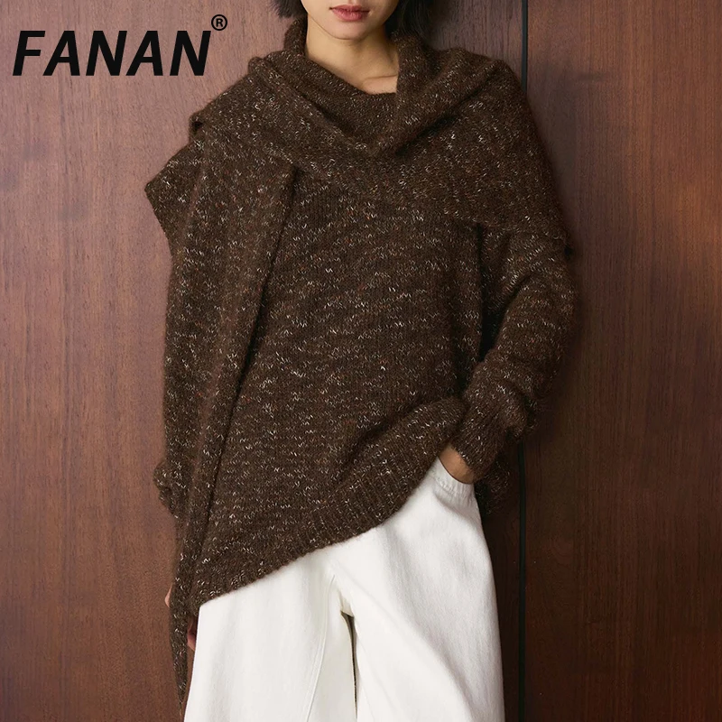 

FANAN дизайн с шарфом и воротником, пуловер, вязаный свитер для женщин, офисные женские толстые теплые топы с длинными рукавами, новинка зимы 202, новинка