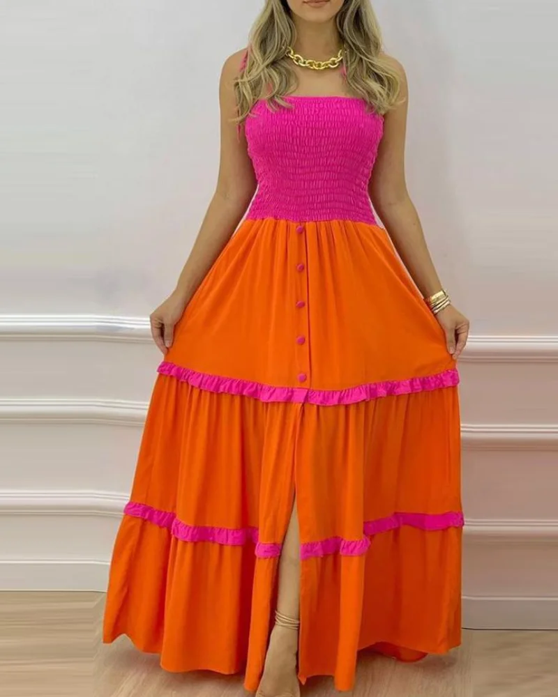 Summer Women's Fashionable Casual Maxi Dress Smocked Bust Sling Design with Tiered Ruffle Trim Sling Long Dress ﻿