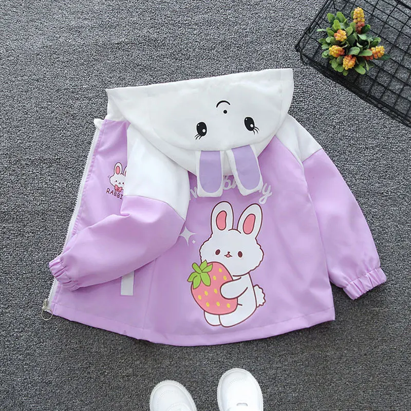 Strawberry Rabbit Baby Girls Jacket Cute Cartoon Windproof Outerwear Hooded Zipper Girls Coat 1 2 3 4 5 6 Years New Kids Clothes