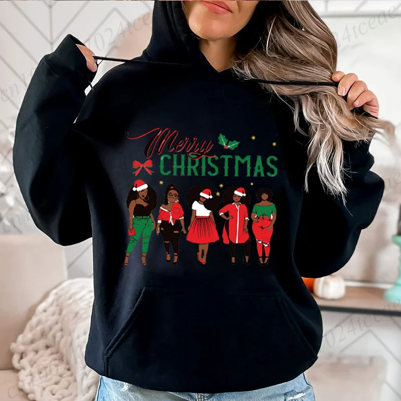 سانتا بلاك جيرل عيد الميلاد المرأة هوديس Harajuku الشارع الشهير عيد ميلاد سعيد البلوز الخريف الشتاء الصوف ملابس خارجية غير رسمية #4