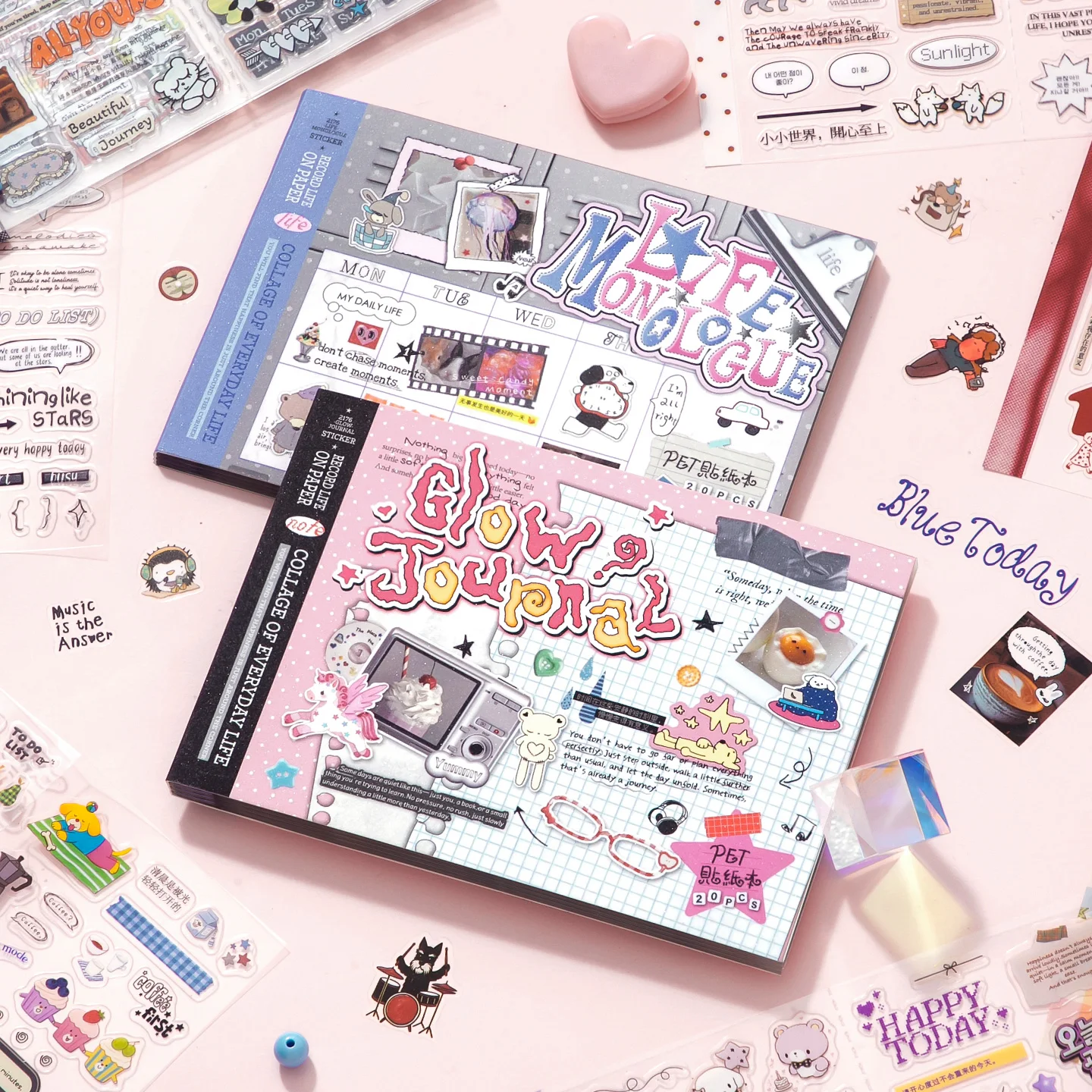 20Pcs Daily Cute PET Sticker Book, Cartoon Text Slogan Transparent Stickers for Journal Collage