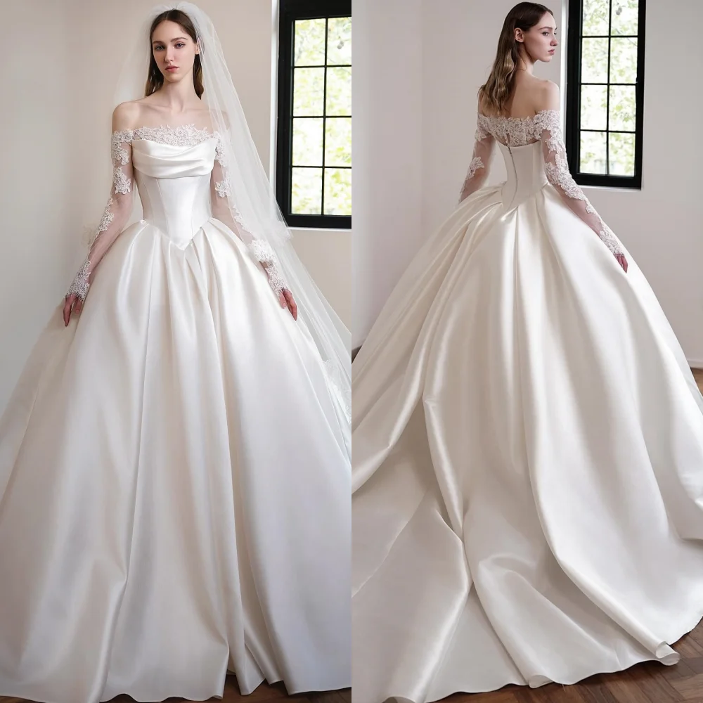 

Customized Modern Style Charmeuse Flower Pleat A-line Off-the-shoulder Long Dresses Bespoke Occasion Simple