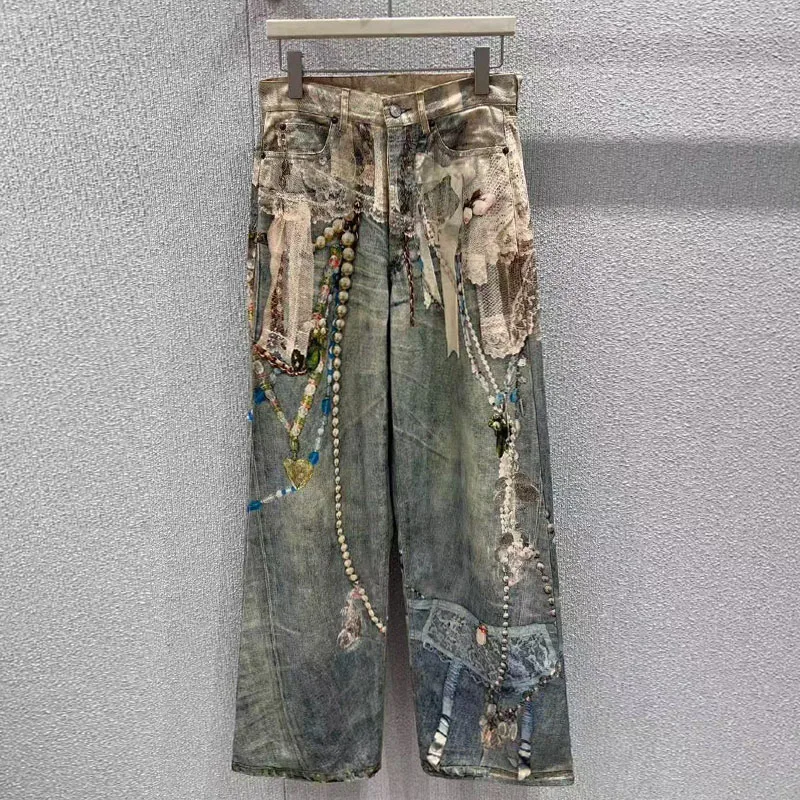 

Princ eenn Lace Pearl Chain Print Straight Leg Denim Jeans Women's Autumn New Sle American Hot Girl Casual Loose Fit