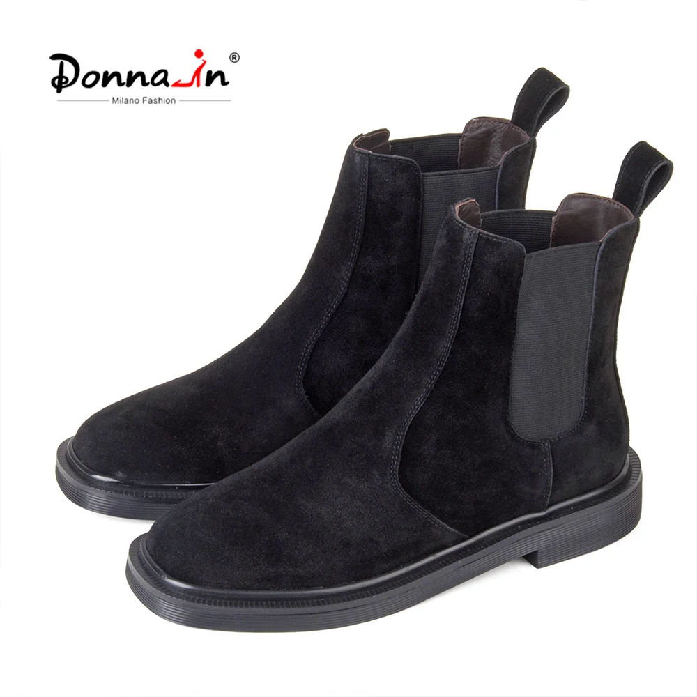 Donna-in Suede Leather Chelsea Boots Women Thick-soled Slip-on Ankle Boots Simple Genuine Sheepskin Leather Stretch Boots