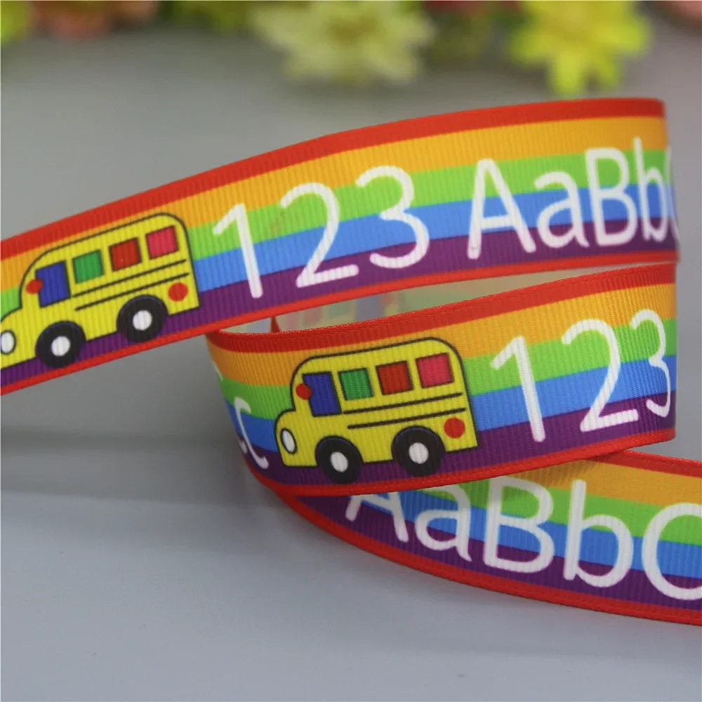 DUWES 50yards School  ABC 123 Bus Printed Grosgrain Ribbon Accessories Material Headwear Decoration DIY Sewing Craft D2345