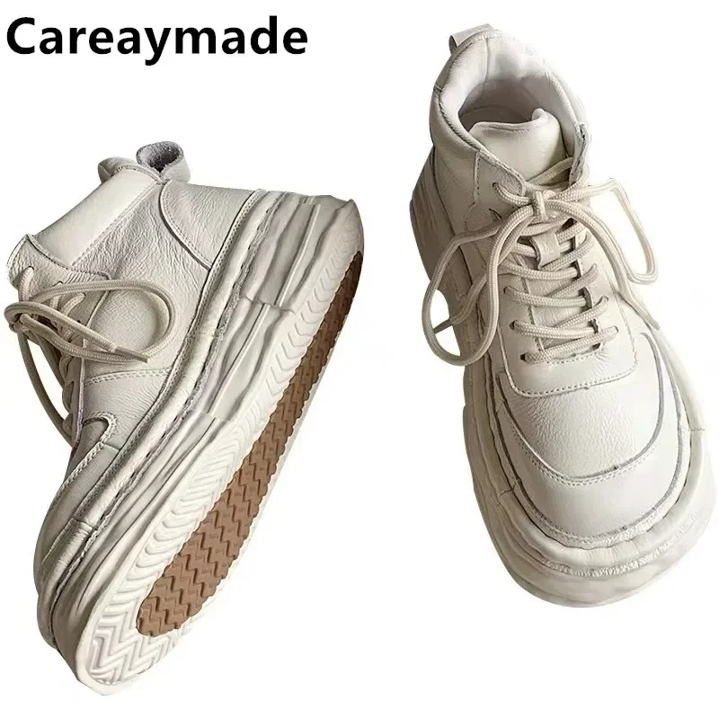 Careaymade-stivali da donna in vera pelle suole spesse brutto carino letterario artistico in pelle bovina scarpe con punta grande, stivaletti corti