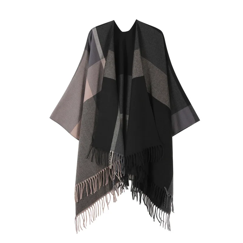 Plaid split shawl for women, versatile winter tassel cape, office warm scarf, outerwear cloak