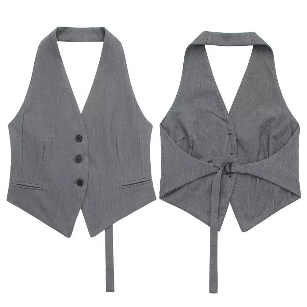 Women Fashion Backless Halter Neck Waistcoat Sexy Sleeveless V-Neck Button-up Female Outerwear Chic Vest Formal Business Tops