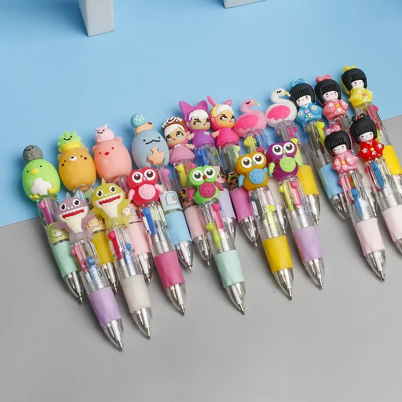 100PCS Cute cartoon mini four-color ballpoint pen, silicone short pen, easy to carry 4-color pen, student handbook, multi-color