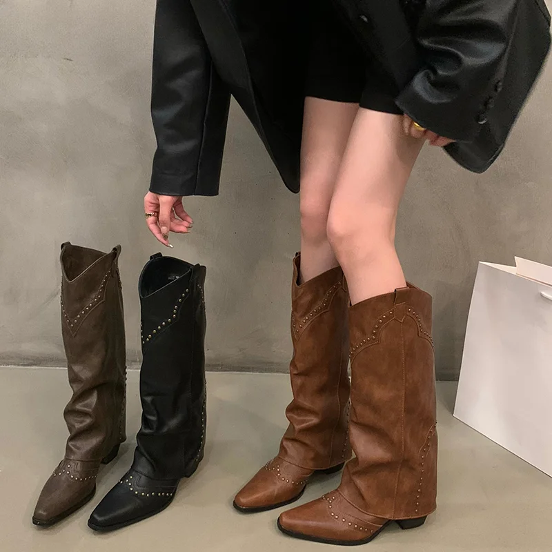 

Autumn Winter Women Knee-High Boots Retro Style Western Knight Booties Pointed Toe Square Heels Female Shoes