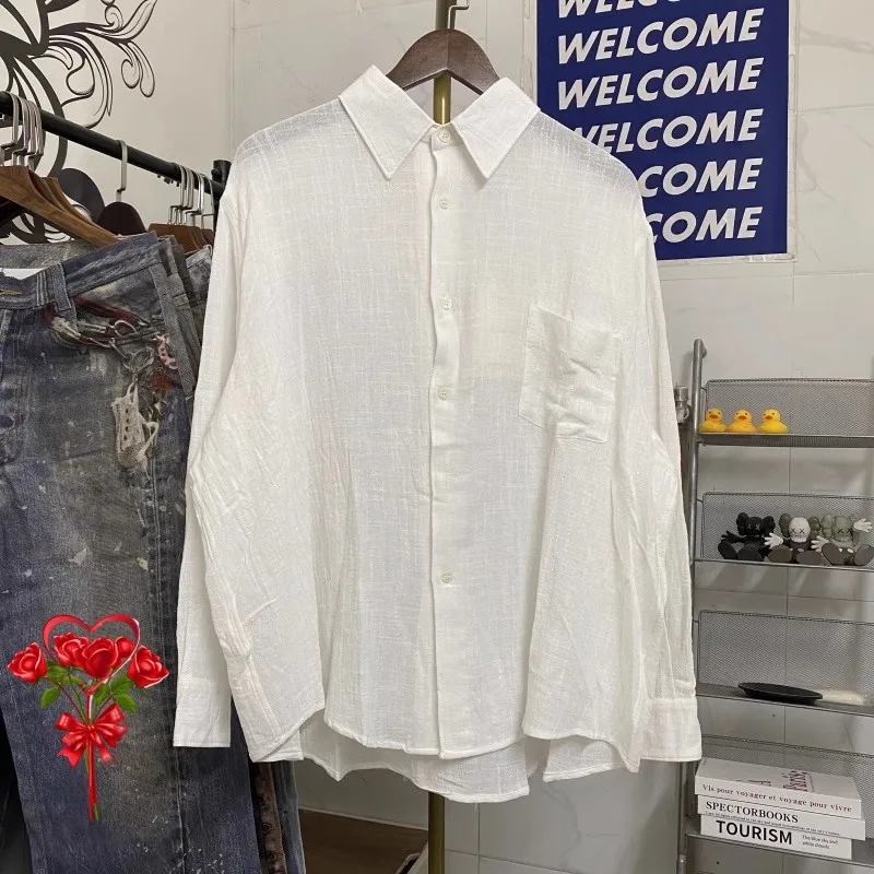 

White Our Legacy Breathable Thin Long Sleeved Shirt Men Women High Quality Casual Loose Versatile V-shape Shirts Blouse