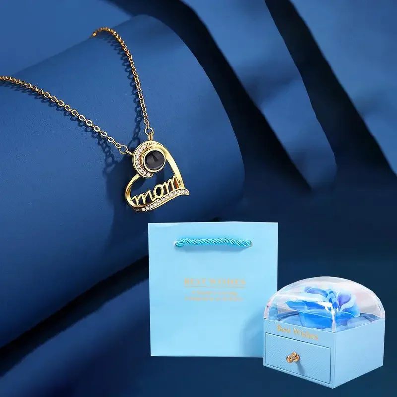 

Customized Color Photo Projection Mom Word Loving Necklaces With Rose Flower Gift Box Romantic Jewelry Family Birthday Wedding