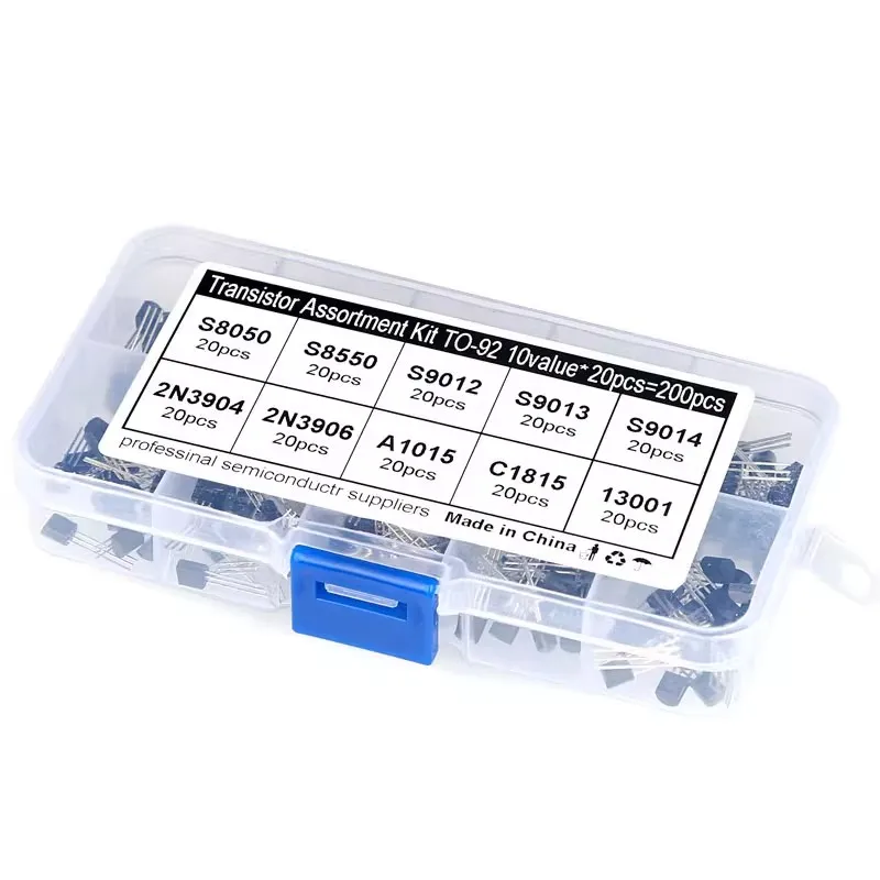 200 قطعة من الصمامات الثلاثية في 10 مواصفات، وصناديق مكونة في 15 مواصفات، بما في ذلك TO-92، 13001، S9013، وS9014