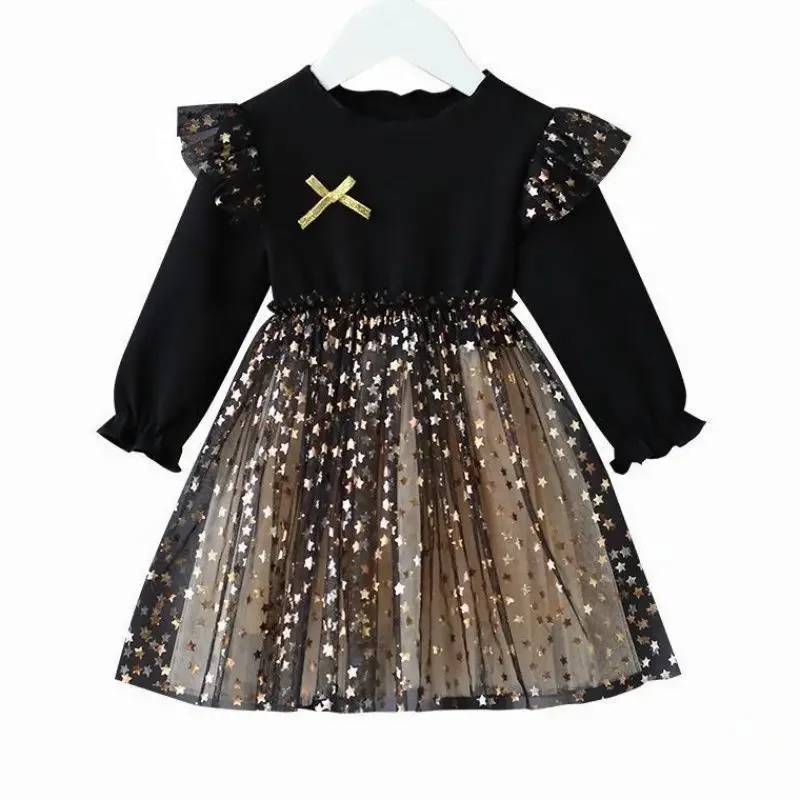 Frühling Langarm Tutu Kleid Mädchen Clothes1-6Y Kinder Mädchen Baumwolle Stern Tüll Puff Kleid Herbst Baby Sparkle Prinzessin Party Kleid
