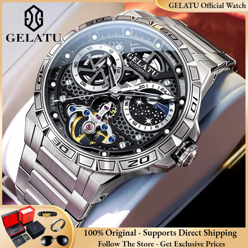 GELATU 6020 Men Watch Hollow Flywheel Men Automatic Mechanical Watch Starry Sky Waterproof Luminous Chronograph Luxury Men Watch