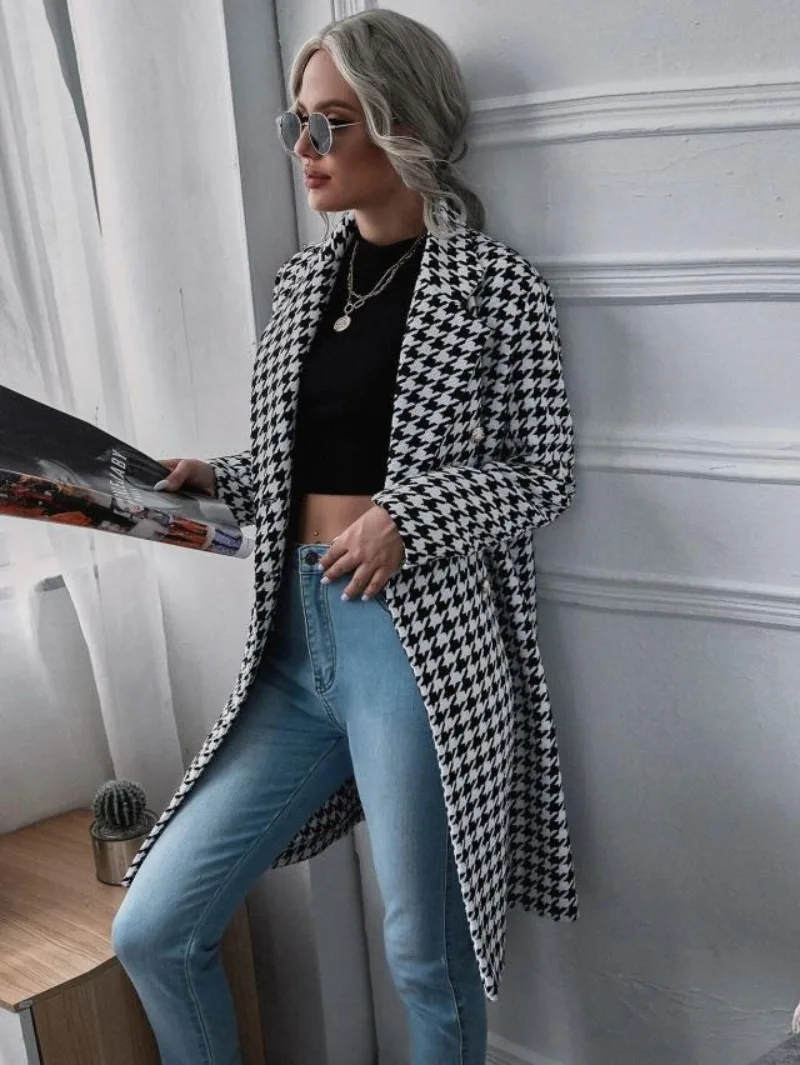 Women\'s Clothing Autumn and Winter New Fashion Commuter Houndstooth Print Long Woolen OverCoats