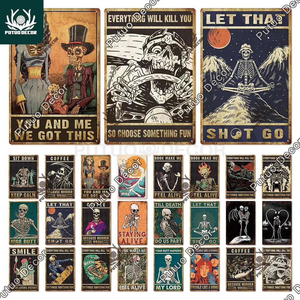 Putuo Decor Skeleton Skull Tin Sign Surfing Vintage Plaque Metal Retro Posters for Garden Farm Home Wall Art Decor Iron Painting