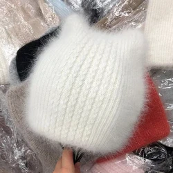 2024 winter Angora rabbit hair warm knitting cat ear cute leisure lady Skullies Beanies cap men women cool hat