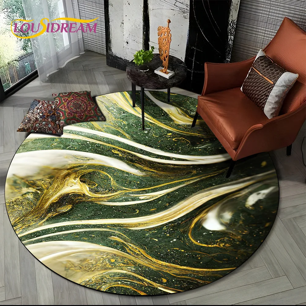 Tapis Rond Luxueux en Marbre de Couleur 3D, Vert, Bleu, Or, pour Salon, Chambre à Coucher, Décor de Chaise d\'Enfant, Zone pour Animaux de Compagnie,