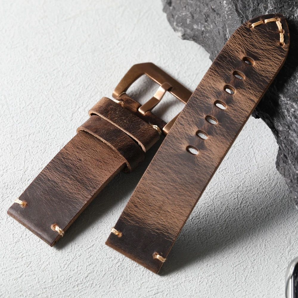 Handmade Head Layer Cowhide Watch Strap 20MM 22MM 23MM 24MM 26MM, Bronze Watch Strap with Vintage Solid Bronze Buckle, CUSN8