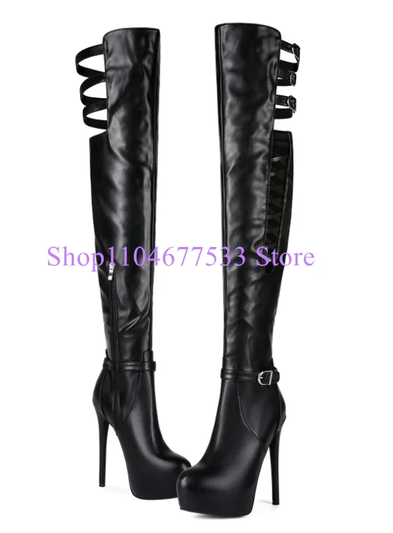 Black Leather Hollow Out Woman Long Boots Fashion Stiletto Heel Lady Platform Over the Knee Boots Female Large Size Party Shoes