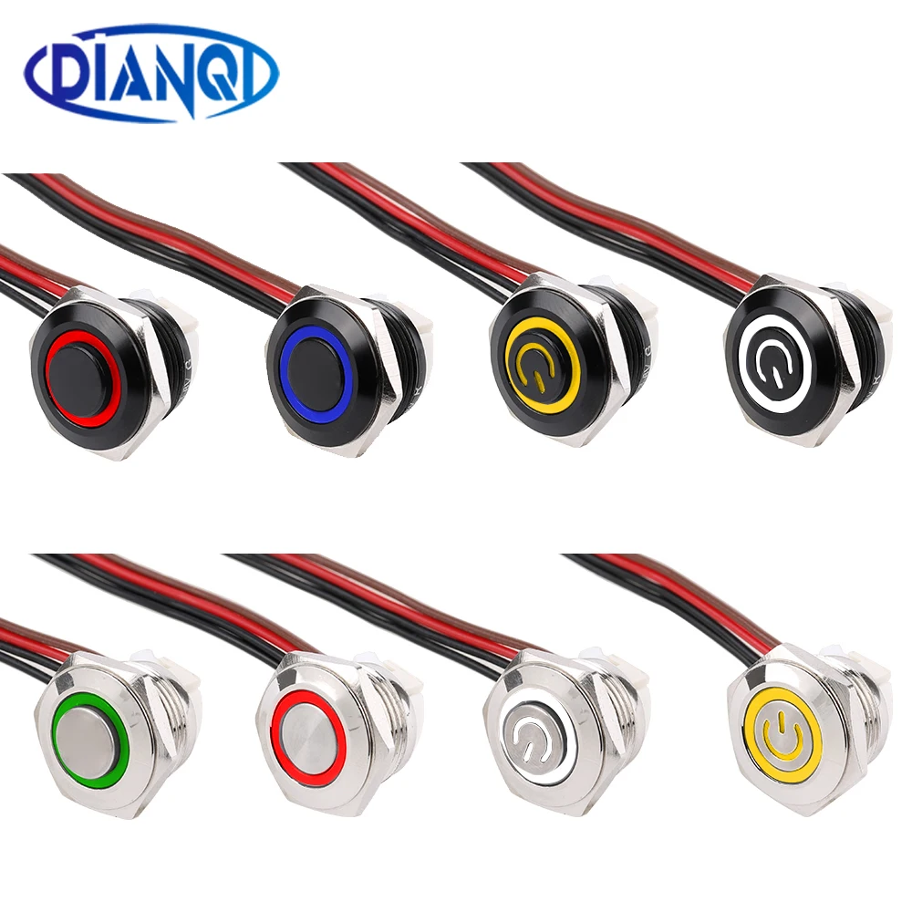 Interrupteurs à bouton-poussoir momentané en métal, 16mm/19mm, avec anneau LED, marque d'alimentation annulaire, corps vert noir, laiton chromé, 3V 12V